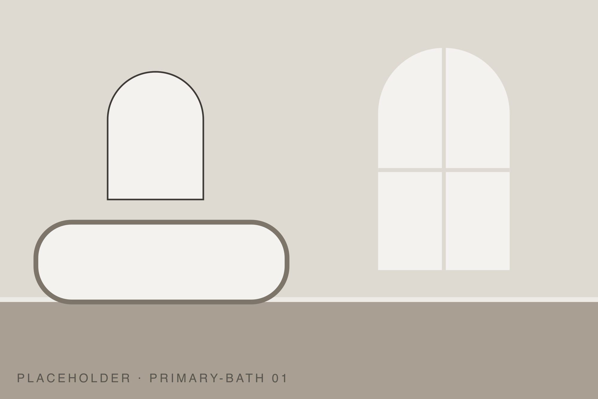 Bathroom with a soaking tub beneath an arched mirror