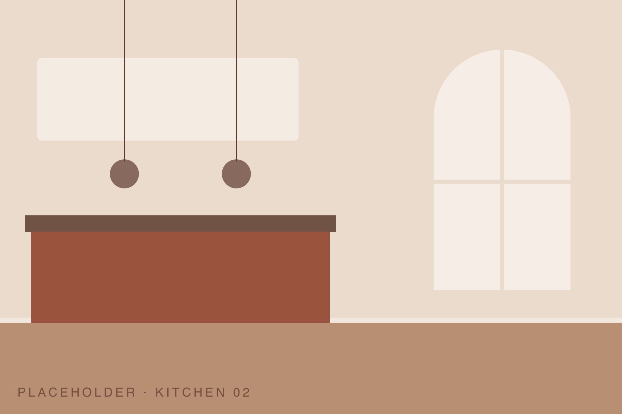 Kitchen with open shelving and an arched window