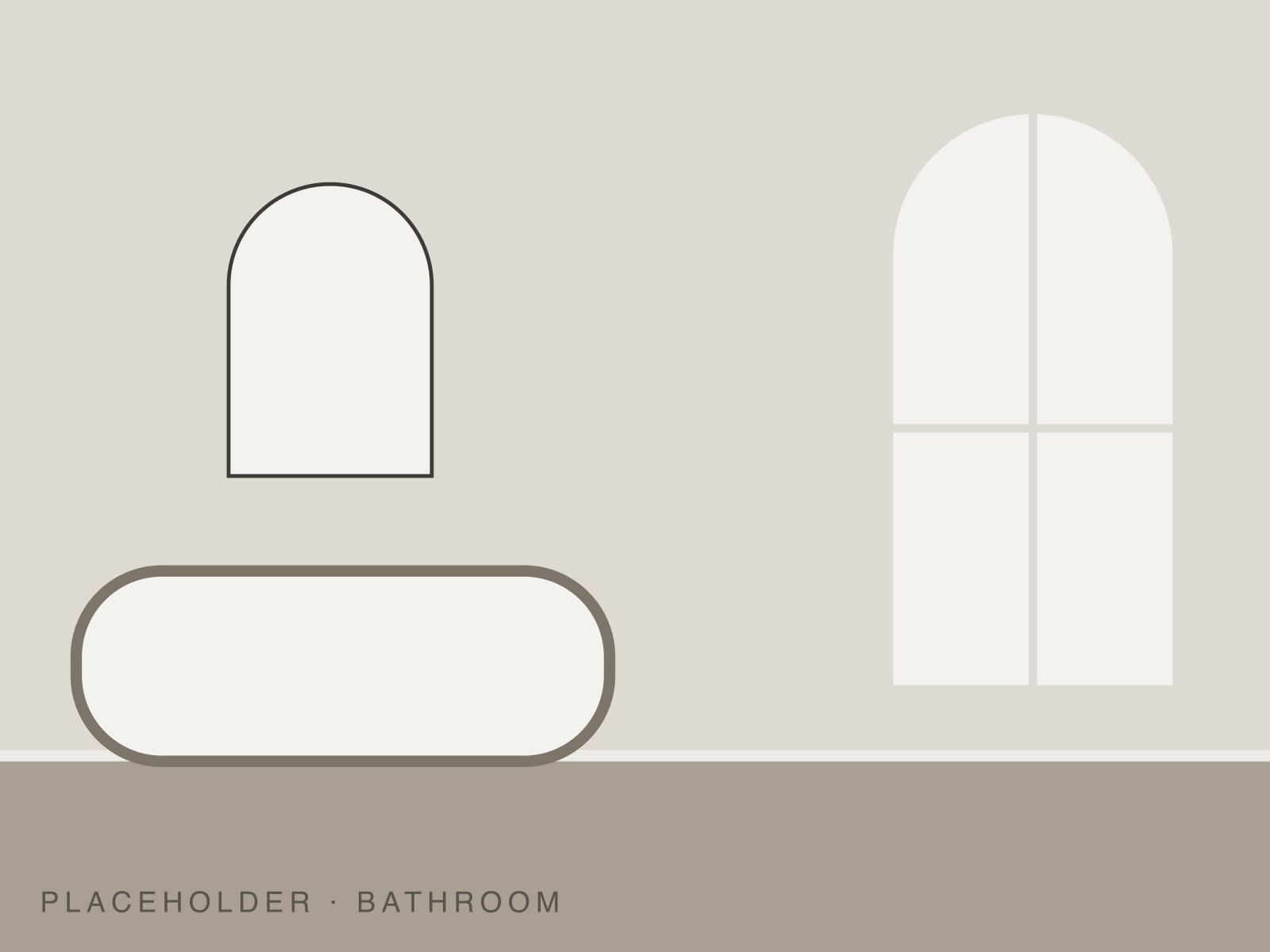 A stone-toned bathroom with a soaking tub and arched mirror