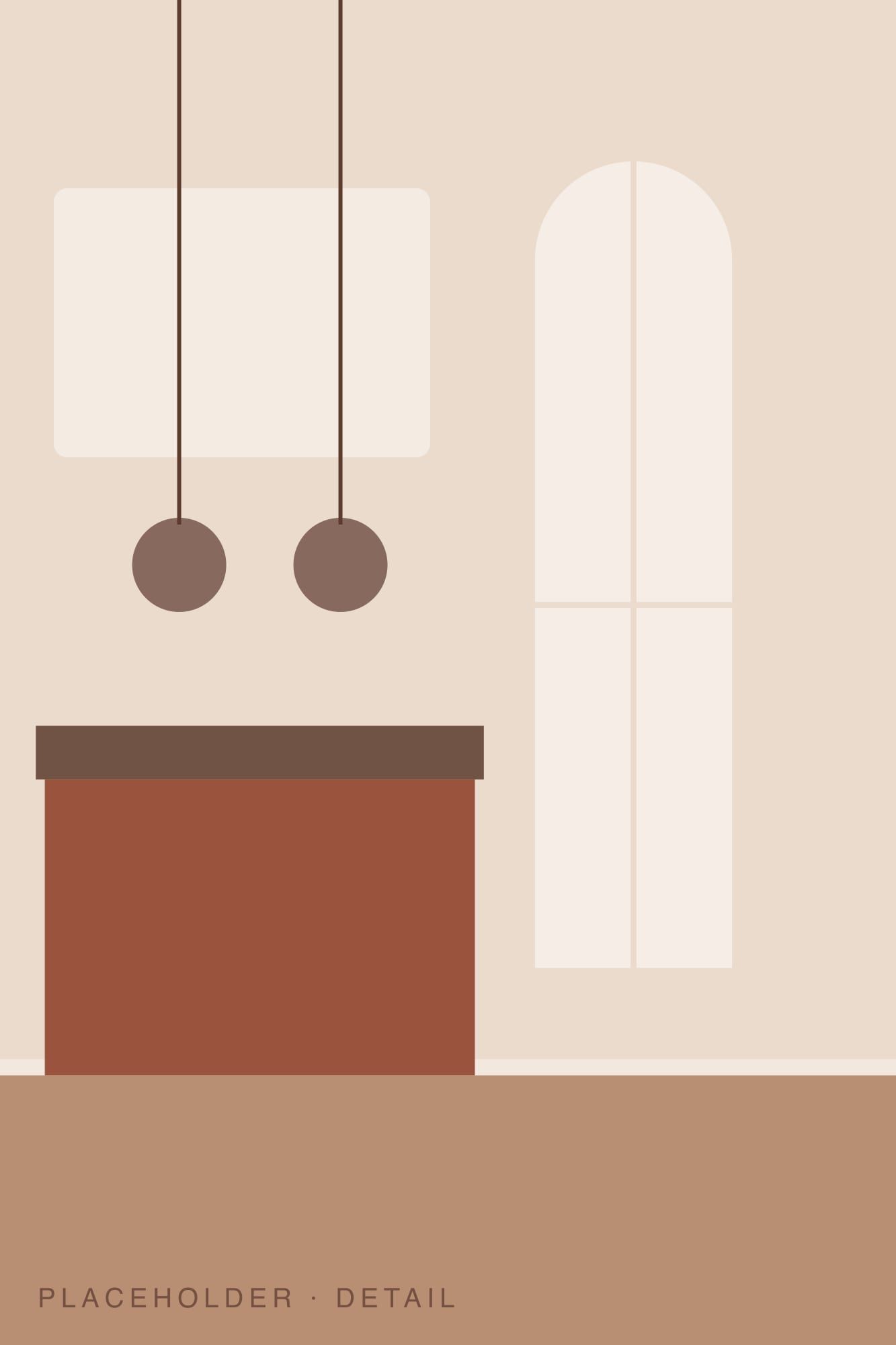 A kitchen detail with warm clay cabinetry and pendant lights