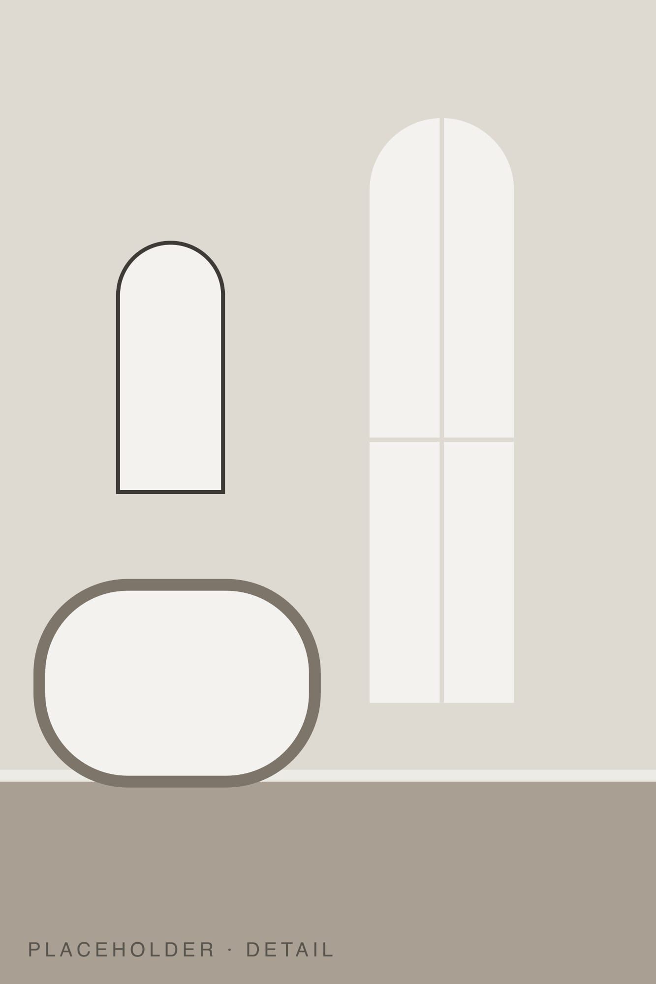 A bathroom detail with an arched mirror above a soaking tub