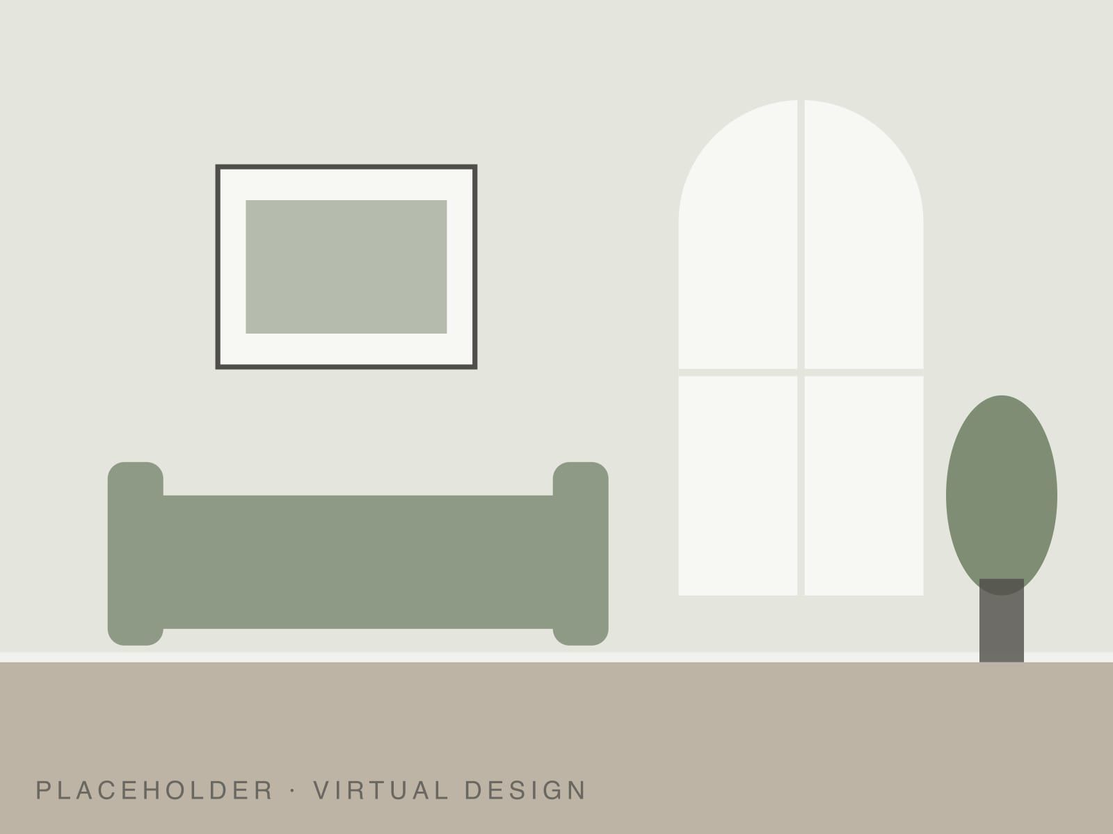 A sage-toned living room styled from a virtual design plan